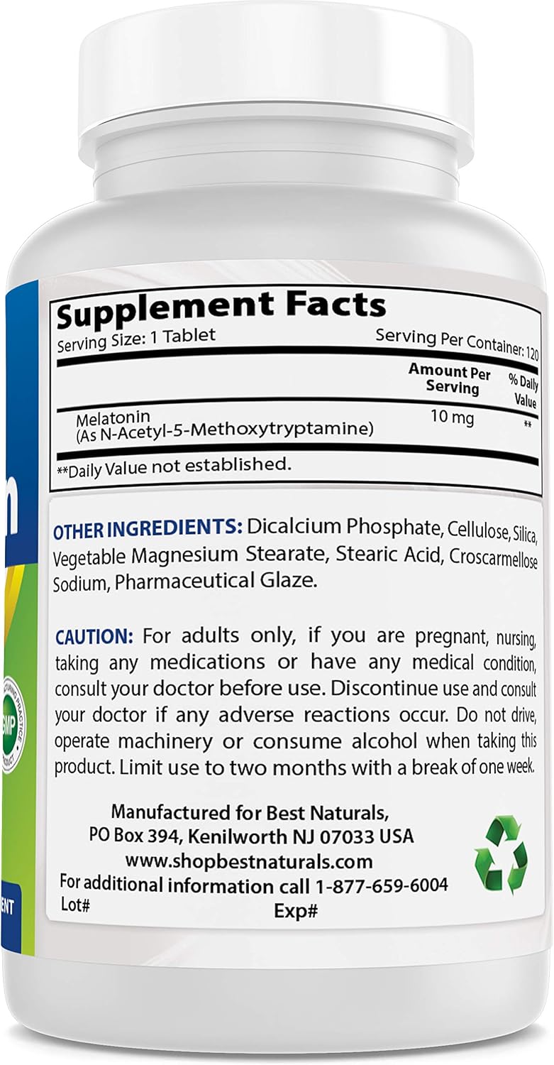Best Naturals Melatonin 10mg (Non-GMO) Tablets - Helps Promote Relaxation & Sleep - 120 Count: Health & Personal Care