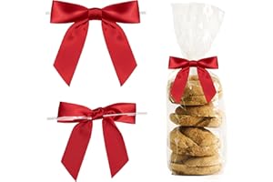 LIZLOVESS Red Twist Tie Bows for Treat Bags 3.5" Pre-Tied Red Bows Satin Ribbon Bows for Gift Wrapping Premade Bows for Crafts, Party Favors, Wedding, Baby Shower Decorations (50 Pack)