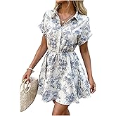 SOLY HUX Women's Floral Print Button Short Sleeve Summer Boho Flowy Short Dress Beach Vacation Clothes