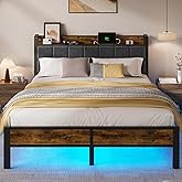 ALBERTO Queen Size Bed Frame with LED Lights, Upholstered Headboard with Storage and Charging Station, Metal Platform with Slats, No Box Spring Needed, Easy Assembly