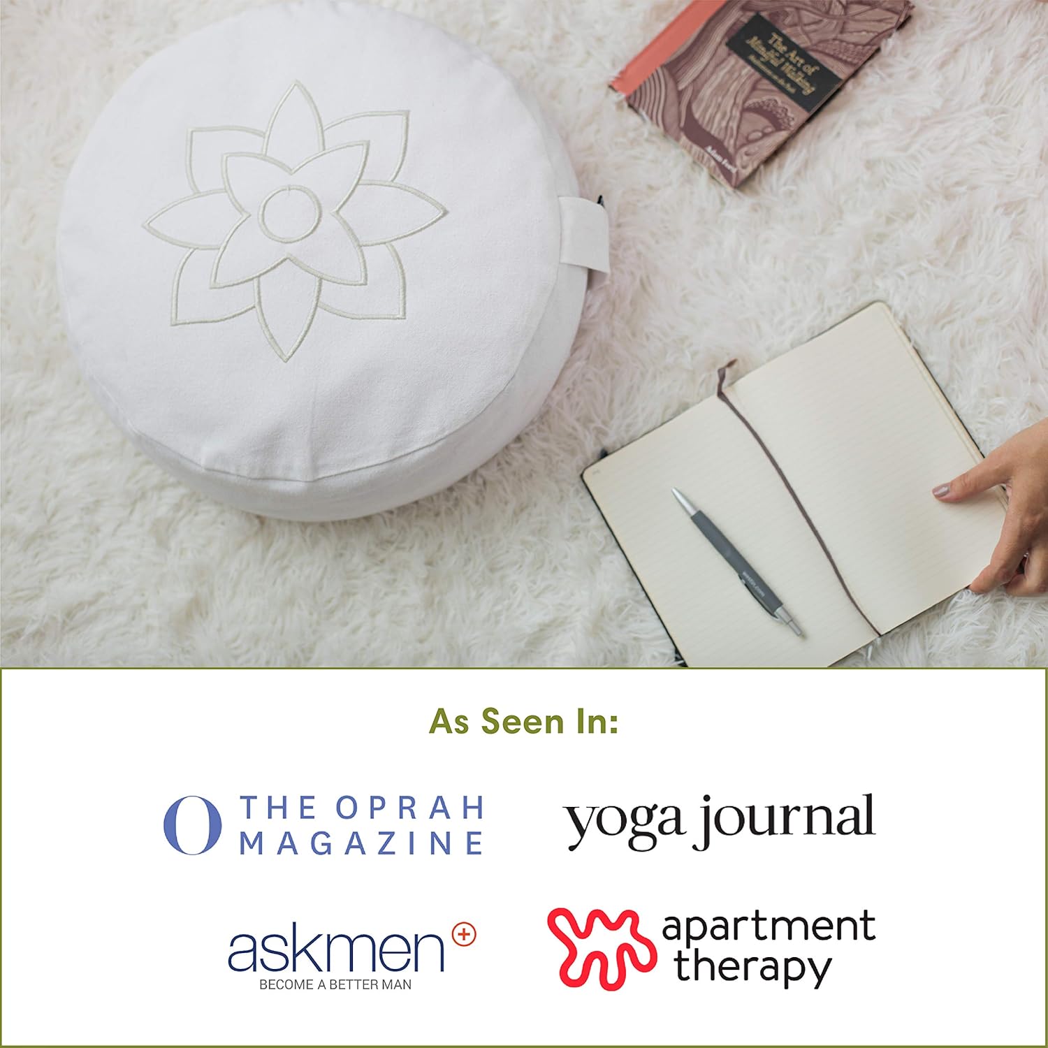 Mindful and Modern Large White Zafu Meditation Cushion - Yoga Floor Pillow for Best Posture - Buckwheat Hull Filled Round Cushion with Removable Cover and Carry Handle : Sports & Outdoors