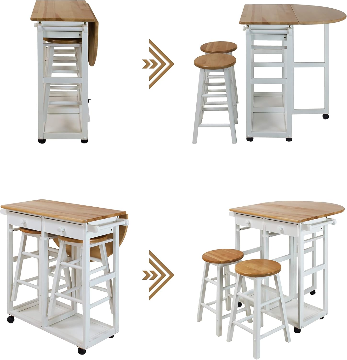 Casual Home Drop Leaf Breakfast Cart with 2 Stools-White: Furniture & Decor