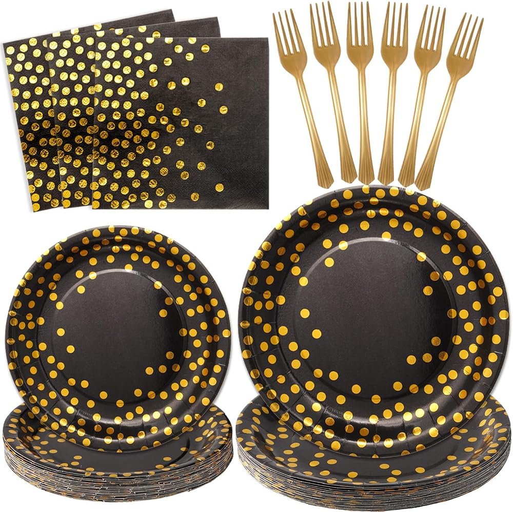 SCIONE Black Gold Party Tableware Set for 24 Guests - 96 Pcs
