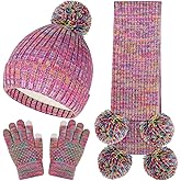 Kids Winter Beanie Hat Glove Scarf Set Toddlers Girls Winter Knit Hat with Pom Long Scarf Gloves for Kids Ages 5-12