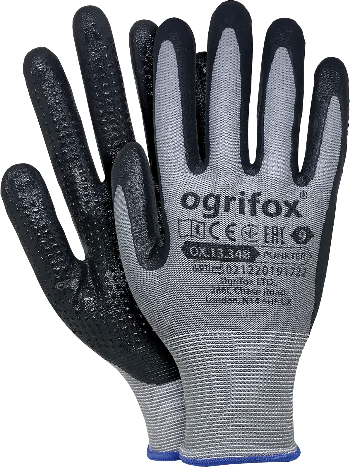 Ogrifox OX-PUNKTER Polyester Gloves Coated with Nitrile, Protective Gloves, Work Gloves, Gardening Gloves OX.13.348, Grey-Black, Size 7, 120 pairs