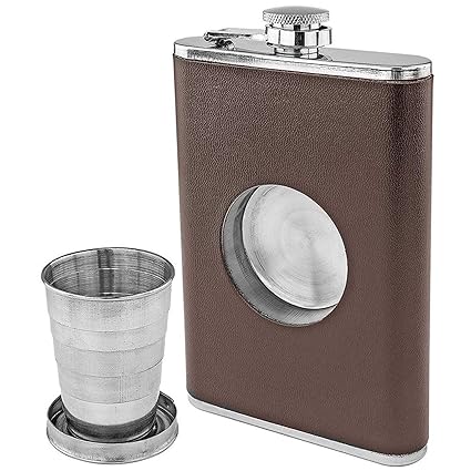 IKTU Hip Flask with a Built-in Collapsible Shot Glass Stainless Steel Leather Look