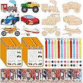 24 Sets Race Car Party Favors Monster Truck Transportation Airplane DIY Wood Painting Craft Kit with Bubble Wand & Word Search Cards for Birthday Party Activity Goodie Bag Gift Prize
