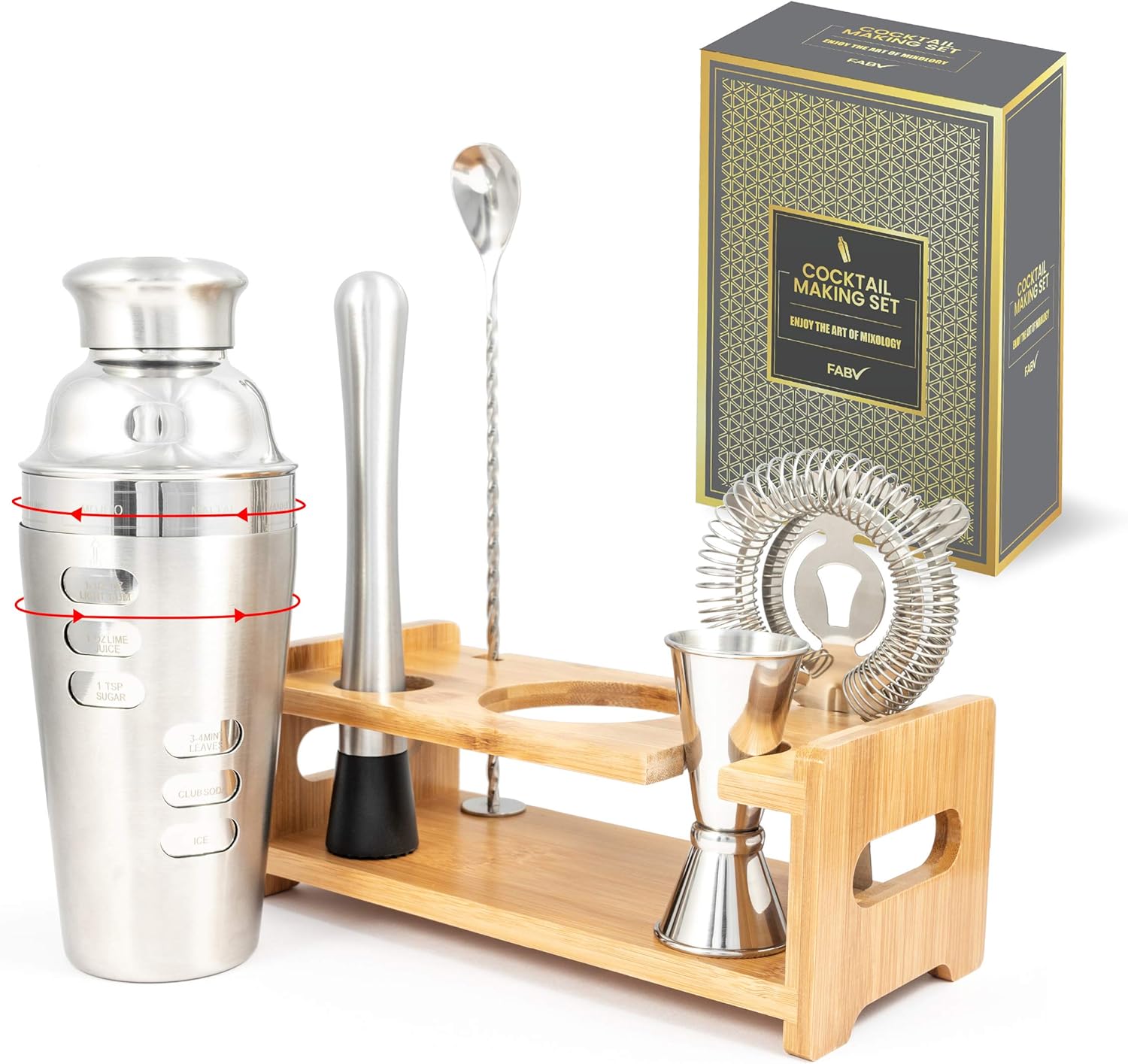 FABV Cocktail Making Set with Rotating Recipe Shaker and Stand - Gift Ready Full Bartender Kit with Stand - Drinks Mixer Shaker Set with Bar Accessories and Shaker with Recipes on side