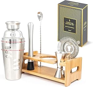 FABV Cocktail Making Set with Rotating Recipe Shaker and Stand - Gift Ready Full Bartender Kit with Stand - Drinks Mixer Shaker Set with Bar Accessories and Shaker with Recipes on side