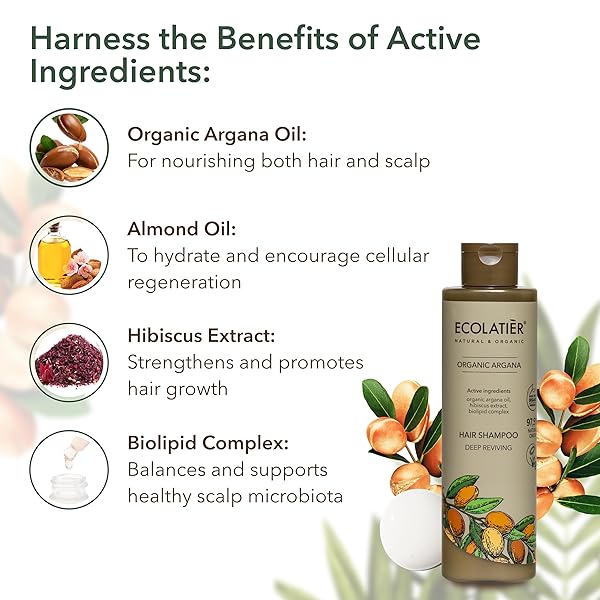 ECOLATIÈR ARGAN OIL SHAMPOO – 98.6% NATURAL, VEGAN, HYDRATING & STRENGTHENING, ALMOND OIL & HIBISCUS EXTRACT FOR REVITALIZED HAIR, GENTLE FOR ALL HAIR TYPES, 8.5 FL OZ / 250ML