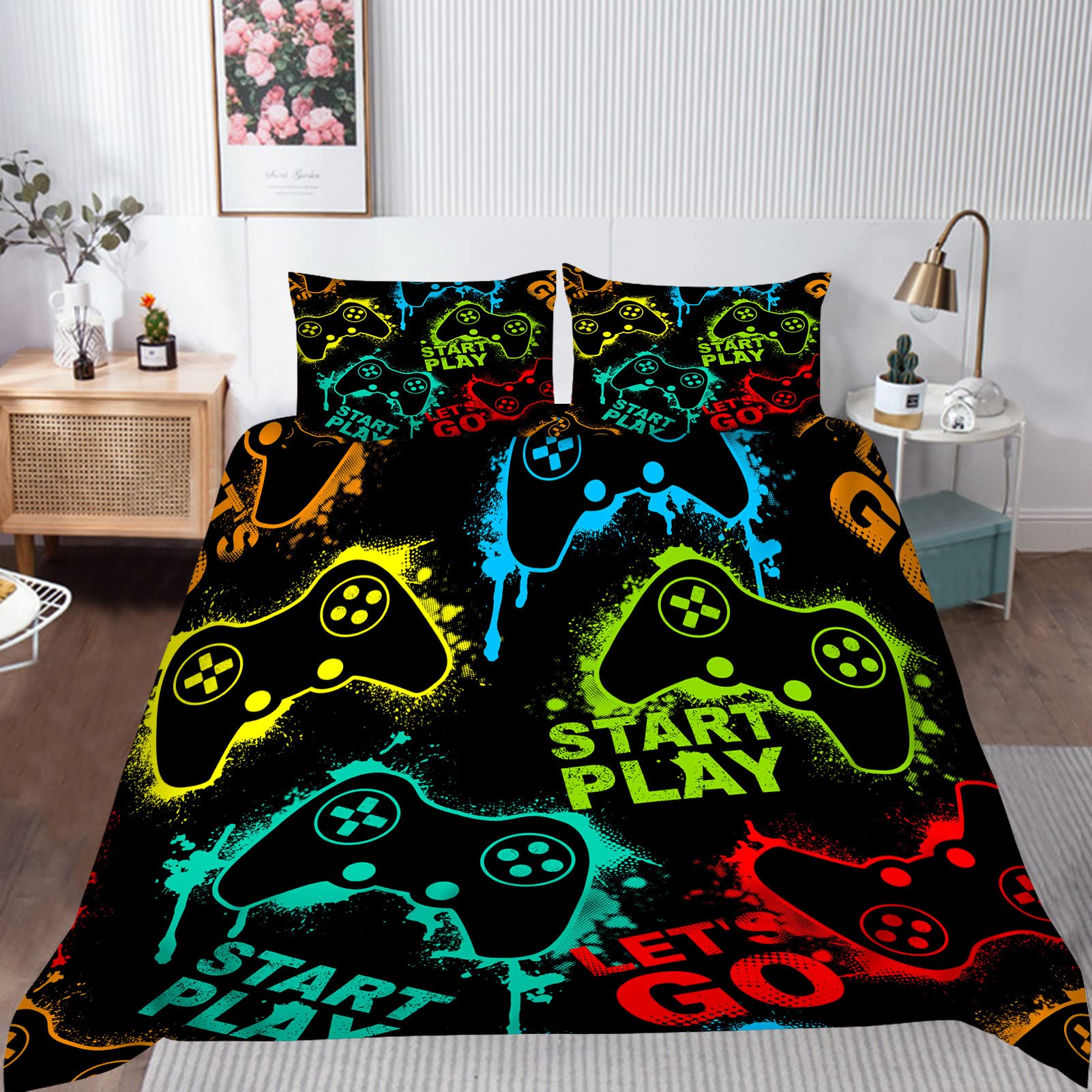 YUANZU Gamer Bedding Set Double for Kids Boys Teens Duvet Cover Set 3 Pieces Silhouette Gamepad Joystick Game Printed Soft Microfiber Quilt Cover with Zipper Closure (200 x 200 cm & 2Pillowcase) โ image 1