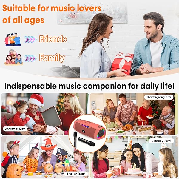 PORTABLE KARAOKE MACHINE FOR KARAOKE FAN – 60W POWERFUL BLUETOOTH SPEAKER WITH TWO WIRELESS MICROPHONES FOR OUTDOOR & FAMILY FESTIVAL PARTY, IDEAL FOR ADULTS, KIDS, TEENAGER – ORANGE RED