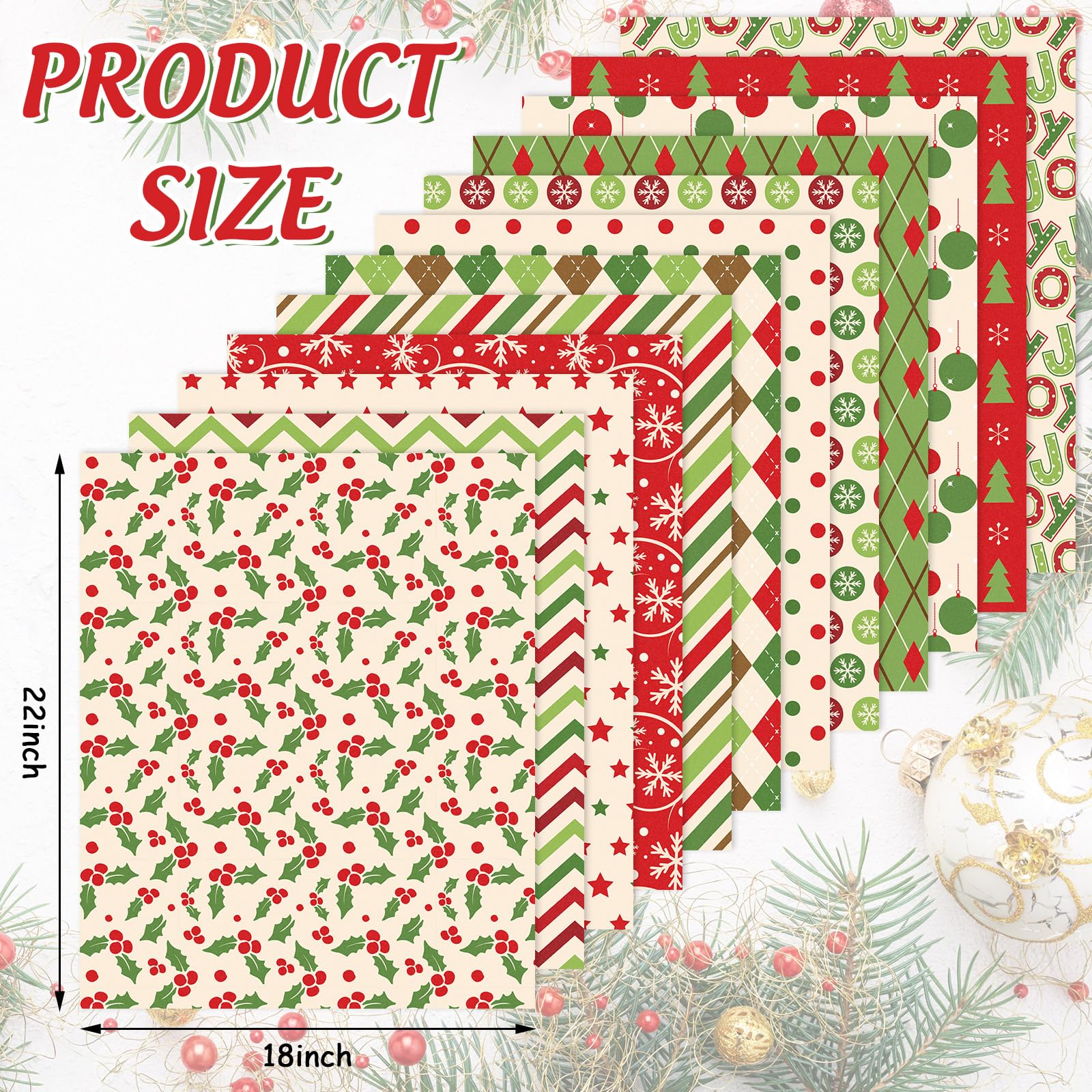 Whaline 12Pcs Cotton Fabric Bundles Xmas Tree Snowflake Dot Stripe Printed Fat Quarters Holiday Sewing Fabrics for Christmas DIY Handmade Crafting, 18 x 22 Inch