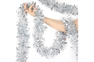 LEASEN 50 Feet Silver Metallic Twist Shiny Christmas Tinsel Garland Decorations for Xmas Tree, Stairs, Fireplace & More