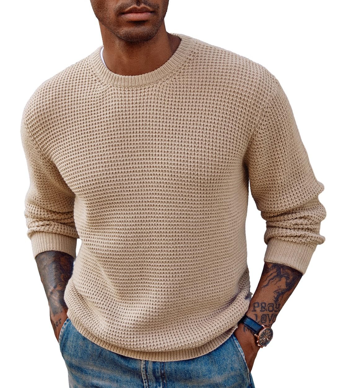 PJ PAUL JONES Mens Crewneck Pullover Sweater Waffle Textured Long Sleeve Knitted Sweaters
