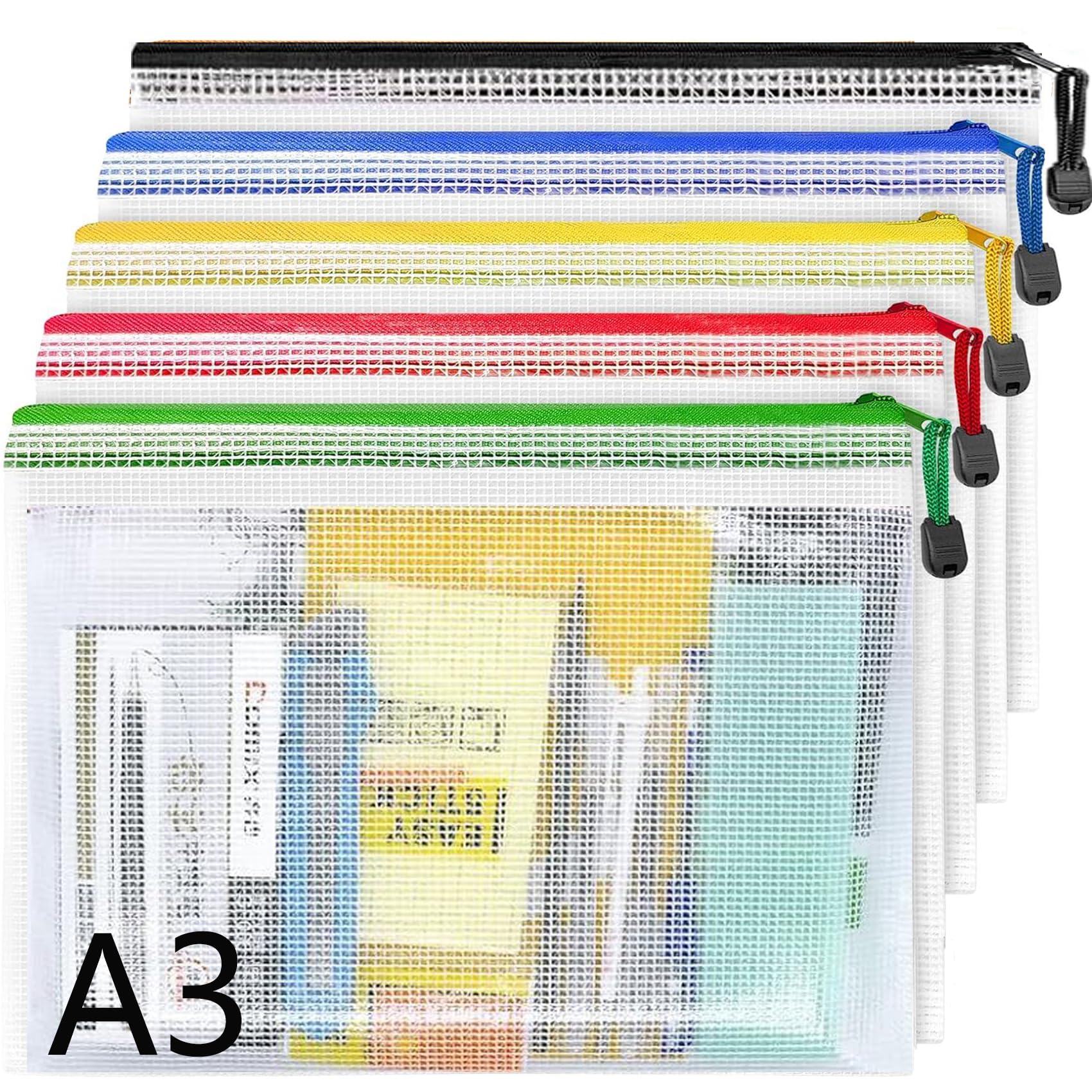 A3 Plastic Wallets -5 Pack Mesh Zip Lock Bags File Folders,Plastic Document Zipper Bag Zip Wallet