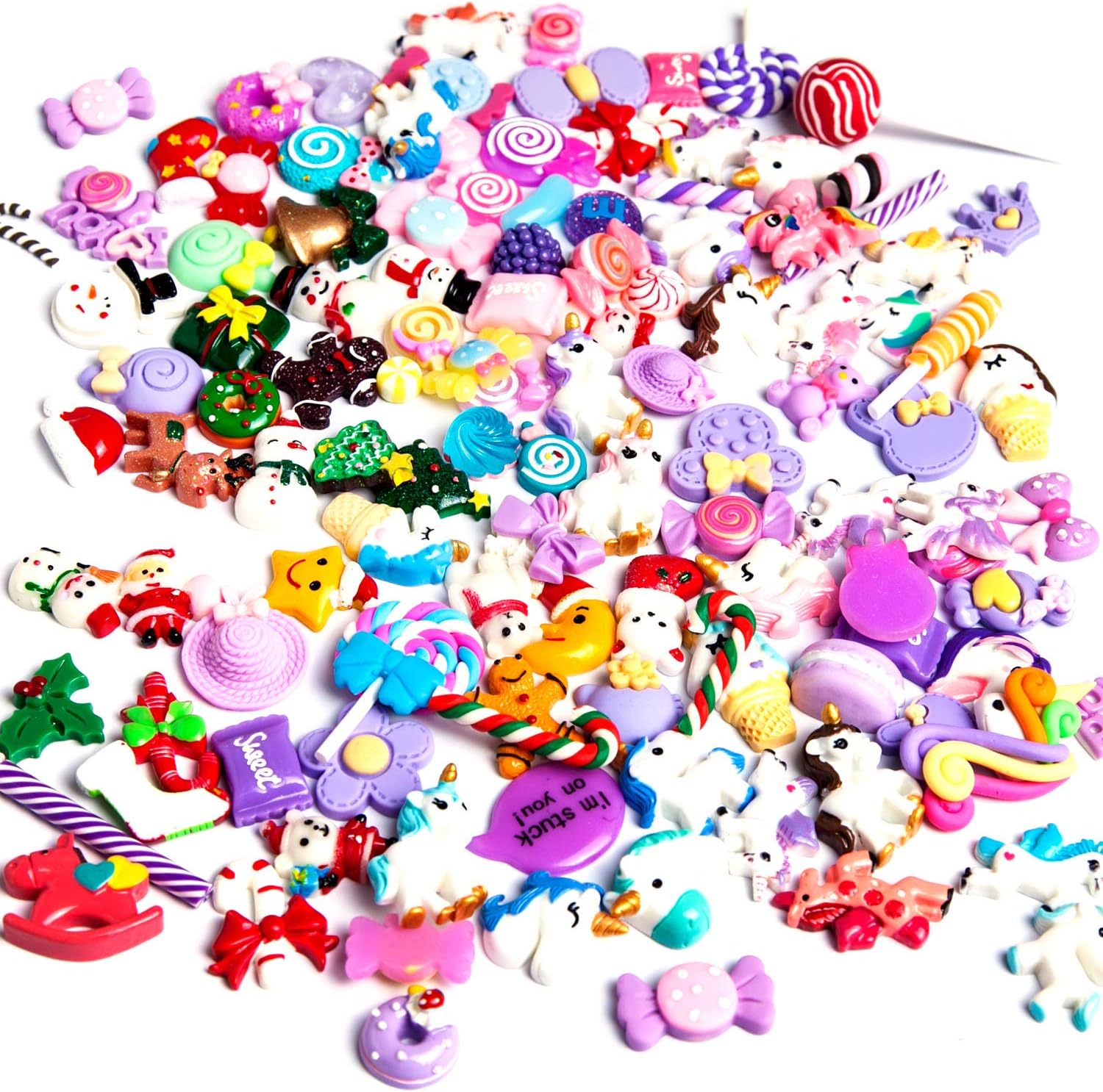 Angshop 120 Pieces Cute Slime Charms Set Unicorn Candy Sweets Christmas Resin Flatback of Mixed Slime Beads for Ornament Scrapbooking DIY Crafts