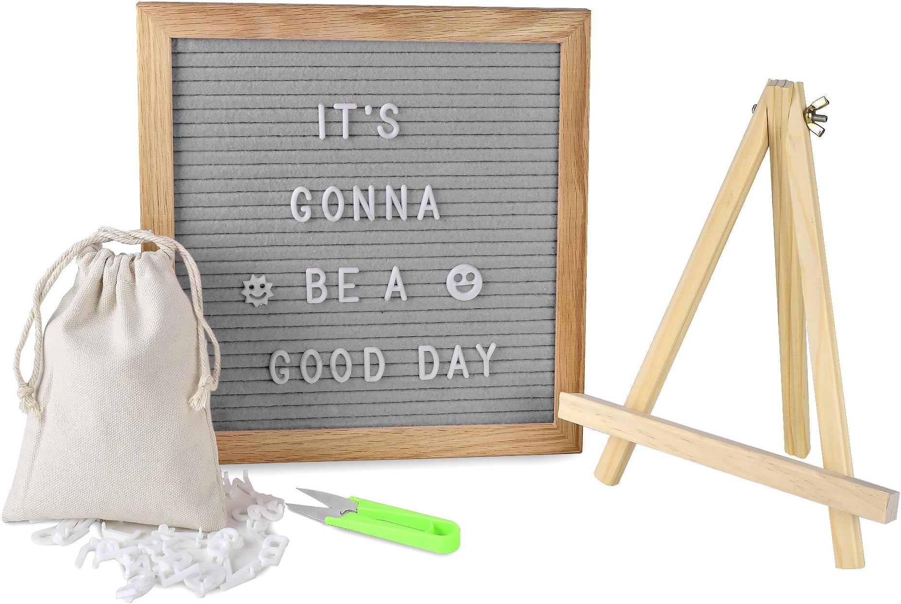 OlisChoice Changeable Gray Felt Letter Board Tripod Stand, Scissors & Canvas Bag - Message Sign Board with Emoji, Alphabet, Numbers - Oak Message Board, Marquee Sign by, 10x10 Inch with 340 Letters