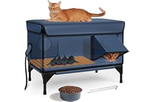 AKENTIO Heated Cat House for Outside with Escape Door, Enhanced Insulation Cat Houses for Outdoor Cats, Weatherproof Heated Outdoor Cat House with Waterproof Awning, Elevated Feral Cat Shelter for Winter