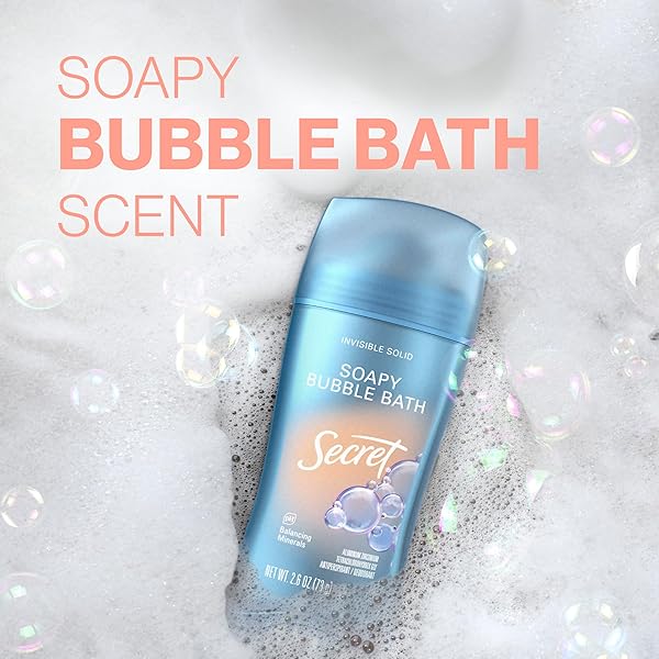 SECRET FRESH ANTIPERSPIRANT DEODORANT FOR WOMEN, 72HR BREATHABLE SWEAT & ODOR PROTECTION, INSTANT FRESHNESS & GENTLE, PH BALANCING MINERALS, INVISIBLE SOLID, SOAPY BUBBLE BATH SCENT, 2.6 OZ
