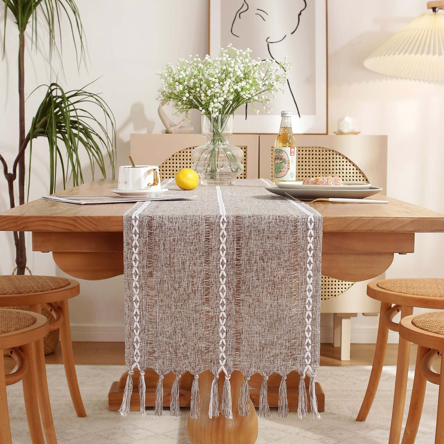 Yicorgard Farmhouse Table Runner Rustic Style 33 x 275 cm, Braided Striped Linen Table Runner 108 Inches Long with Tassels for Dining Room Kitchen Reading Dresser Décor,Brown — image 1