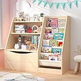TOETOL 3 Tier Kids Bookshelf and Book Storage，6 Sling Toddler Bookshelf, Storage Boxes Book Shelf & Organizer for Nursery Playroom Classroom Library Bedroom Natural Wood