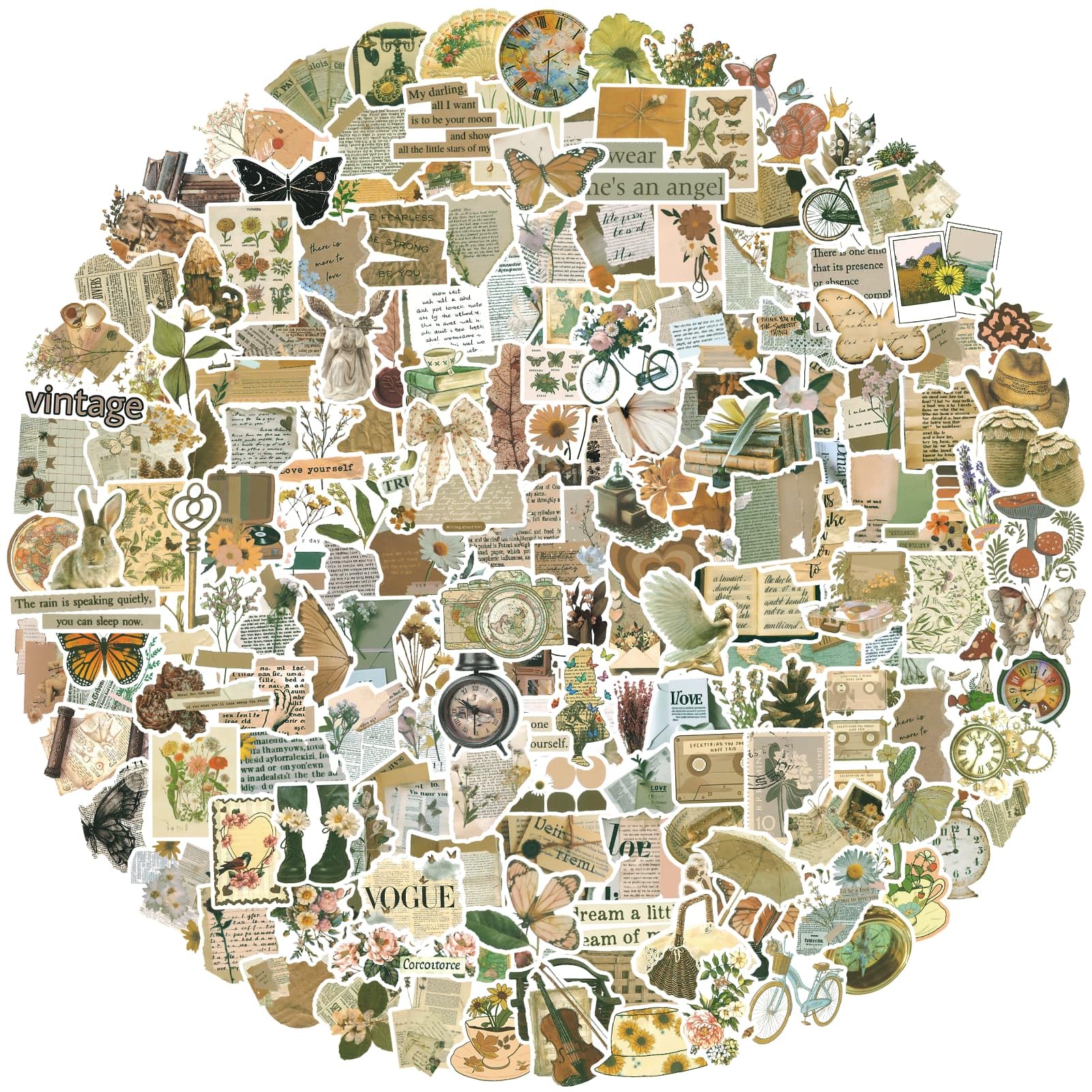 Photo 1 of 200pcs Vintage Stickers, Scrapbook Aesthetic Sticker Pack for Adults, Waterproof Retro Design Vinyl Decals for Water Bottle, Laptop, Journal, Luggage