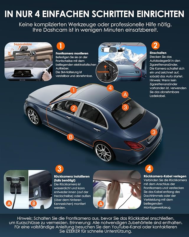 3-Kanal 4K Dashcam Auto Mit Kostenloser 32 GB Karte, 4K+1080P+1080P Vorne Hinten Innen Dash Cam Mit WDR, IR Nachtsicht, WiFi 6, Loop-Aufnahme, G-Sensor Und 24 Stunden Parkmodus