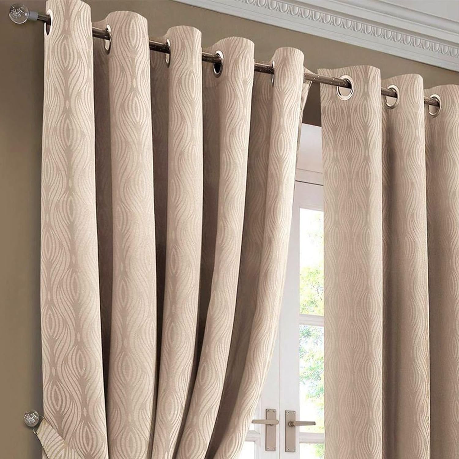 Luxury Waves Jacquard Pair of Eyelet Ring Top Ready Made Curtains Fully Lined Thermal Curtains