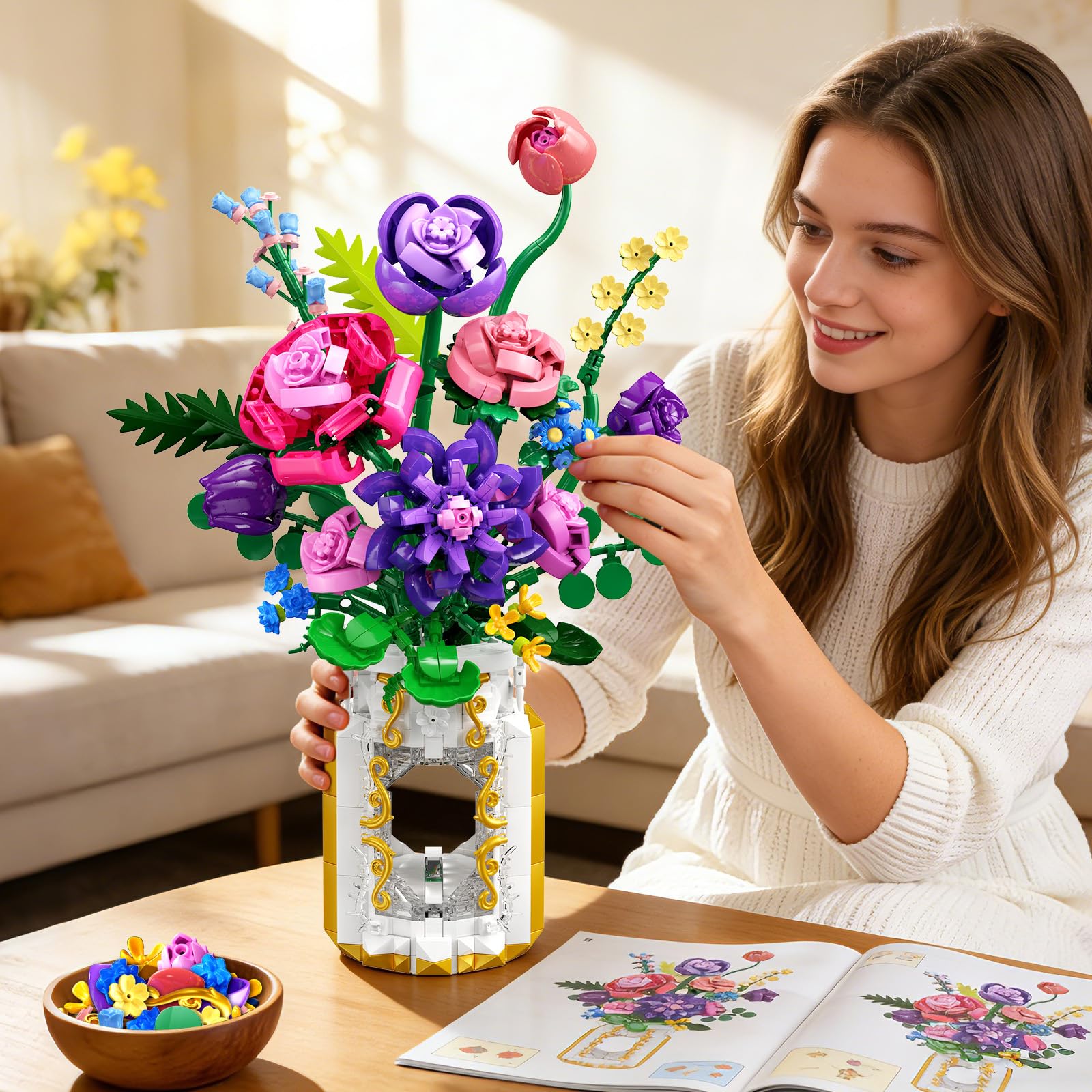 CUBIMANA Blumenstrauß-Bauset mit Vase & LED-Licht, 1093 Teile Botanische Sammlung Klemmbausteine, kreatives Geschenk für Frauen und Männer, künstliche Blumendekoration für Home und Zimmer 2