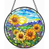 Sunflower Stained Glass Window Hanging with Hook, 6.3 Inch | Colorful Floral Panel Decor for Home, Garden, Patio and Porch,