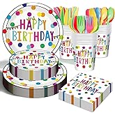 Birthday Plates & Napkins Party supplies - 175Pcs Happy Birthday Paper Plates and Napkins Sets, Disposable Happy Birthday Dots Tableware Set for Boys Girls Party Decorations, Serves 25