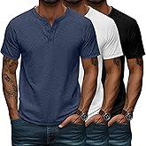 Huukeay 3 Pack Men's Big & Tall Henley Short Sleeve Shirts, Crew Neck Casual Button T-shirts Summer Basic Tees Tops