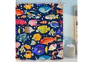 LGhtyro Kids Fish Shower Curtain Bathroom Set 60Wx71H Inches Cartoon Blue Ocean Animal Under Sea Colorful Sea World Funny Cool Bath Accessories for Children Art Home Decor Fabric 12 Pack Hooks