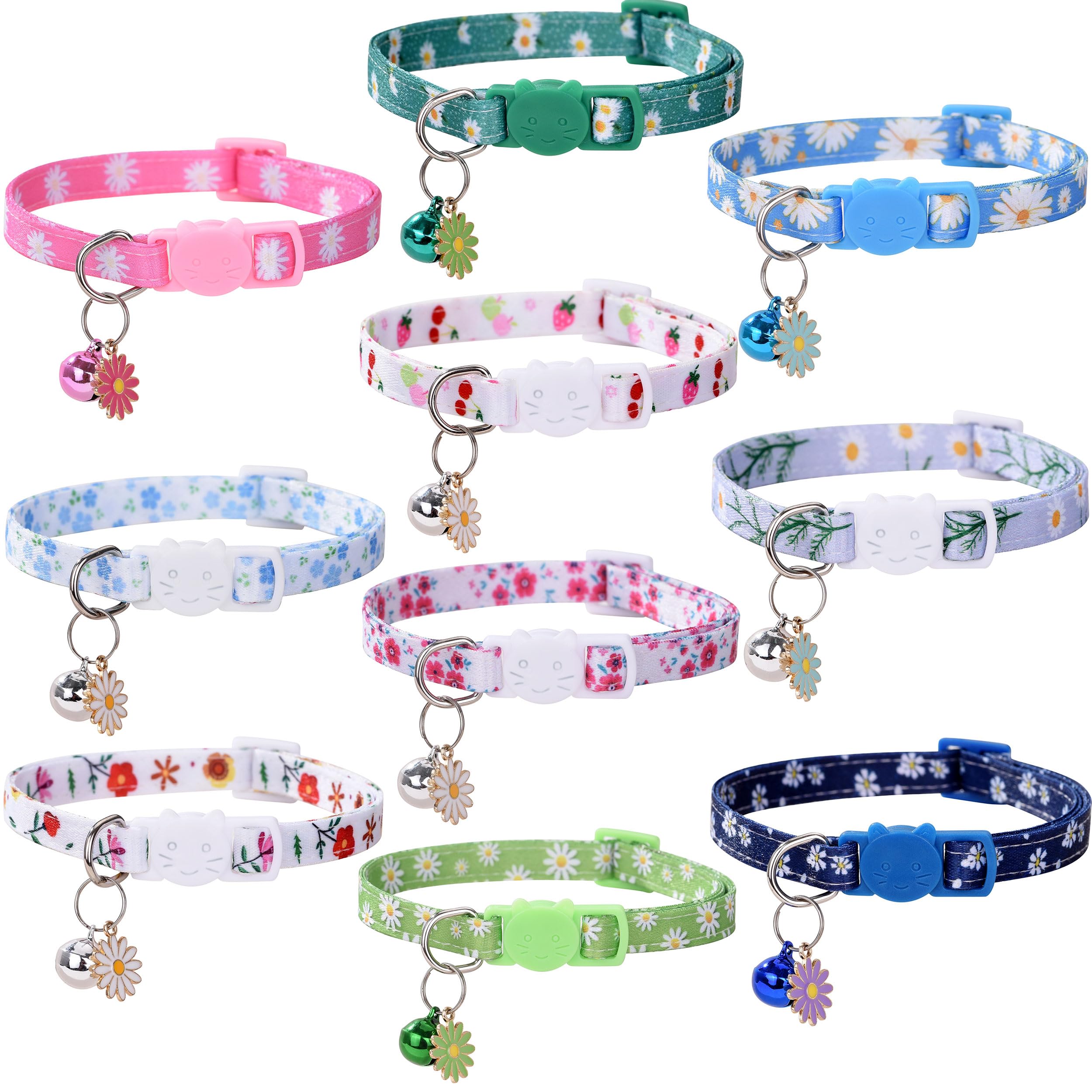 Photo 1 of 10PC Floral Cat Collar Set with Bells - Breakaway Safety for Kittens and Small Cats (#1)