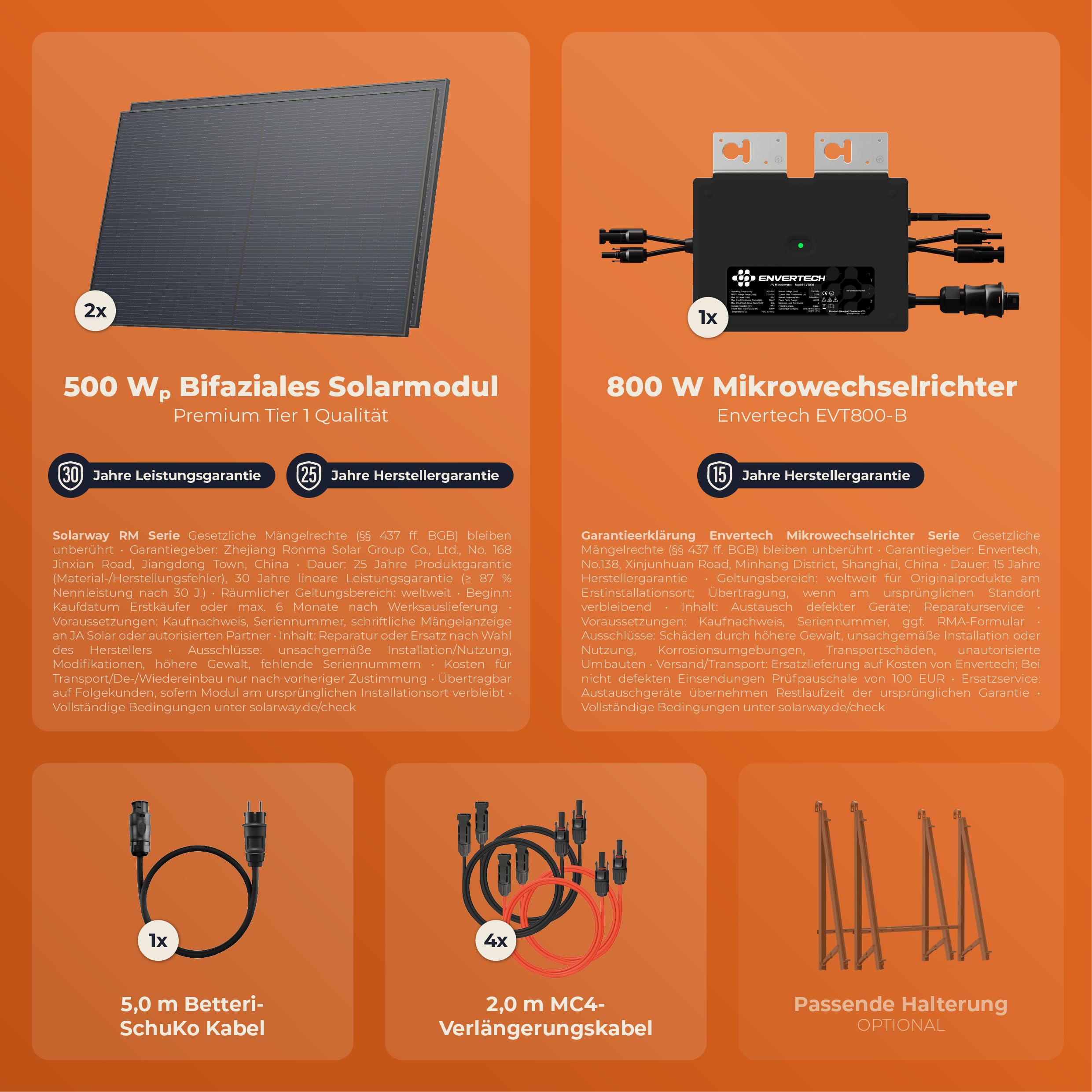 Solarway® 1000W Balkonkraftwerk 800W komplett Steckdose - neuester 800 Watt Wechselrichter - Solaranlage Komplettset - 500W bifaziale Solarmodule & Envertech & Zubehör 5