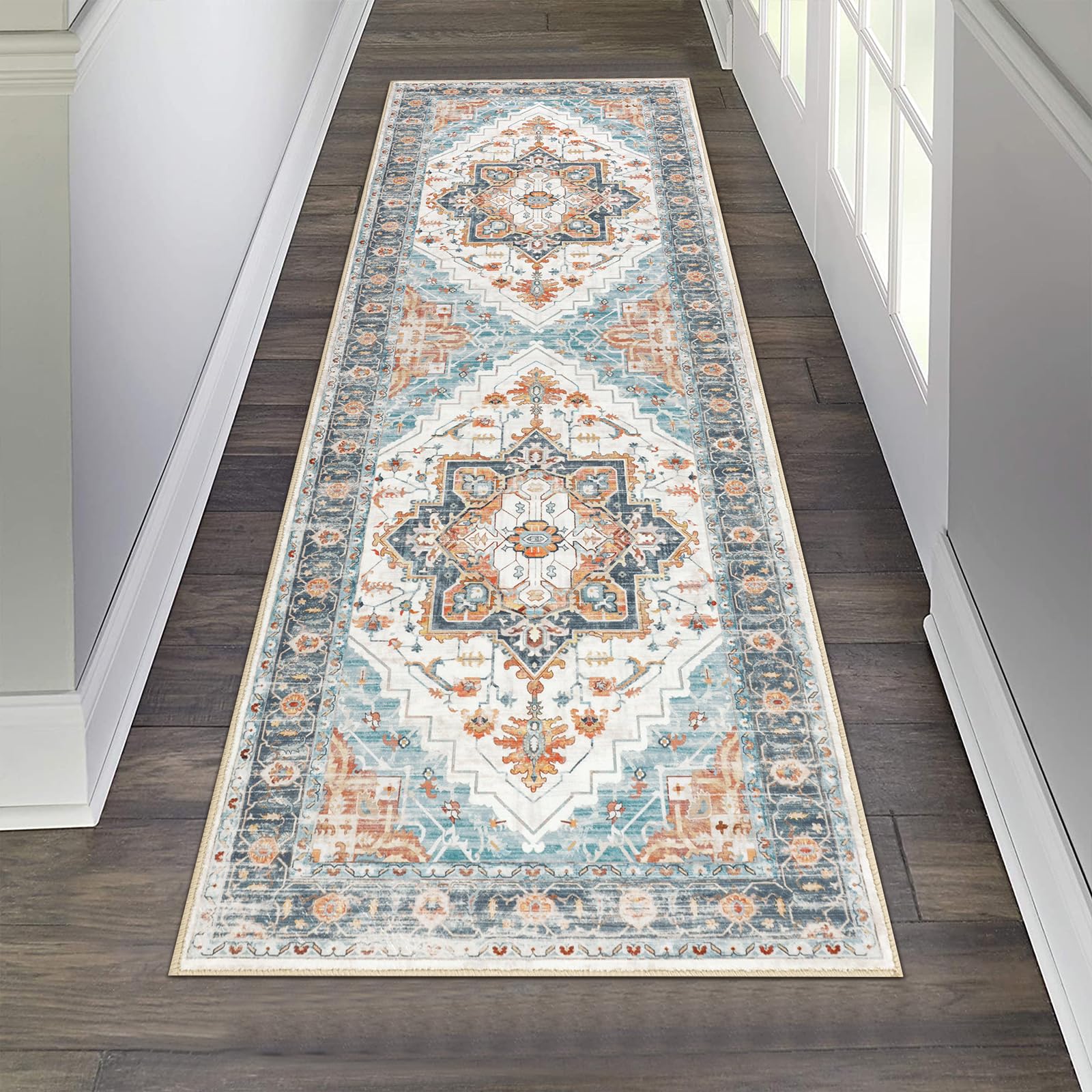 Pauwer 2x6 Non Slip Runner Rug with Rubber Backing Boho Washable Rug Runner Farmhouse Carpet Runners for Hallway Vintage Floor Runner for Kitchen Entryway Laundry Room Image