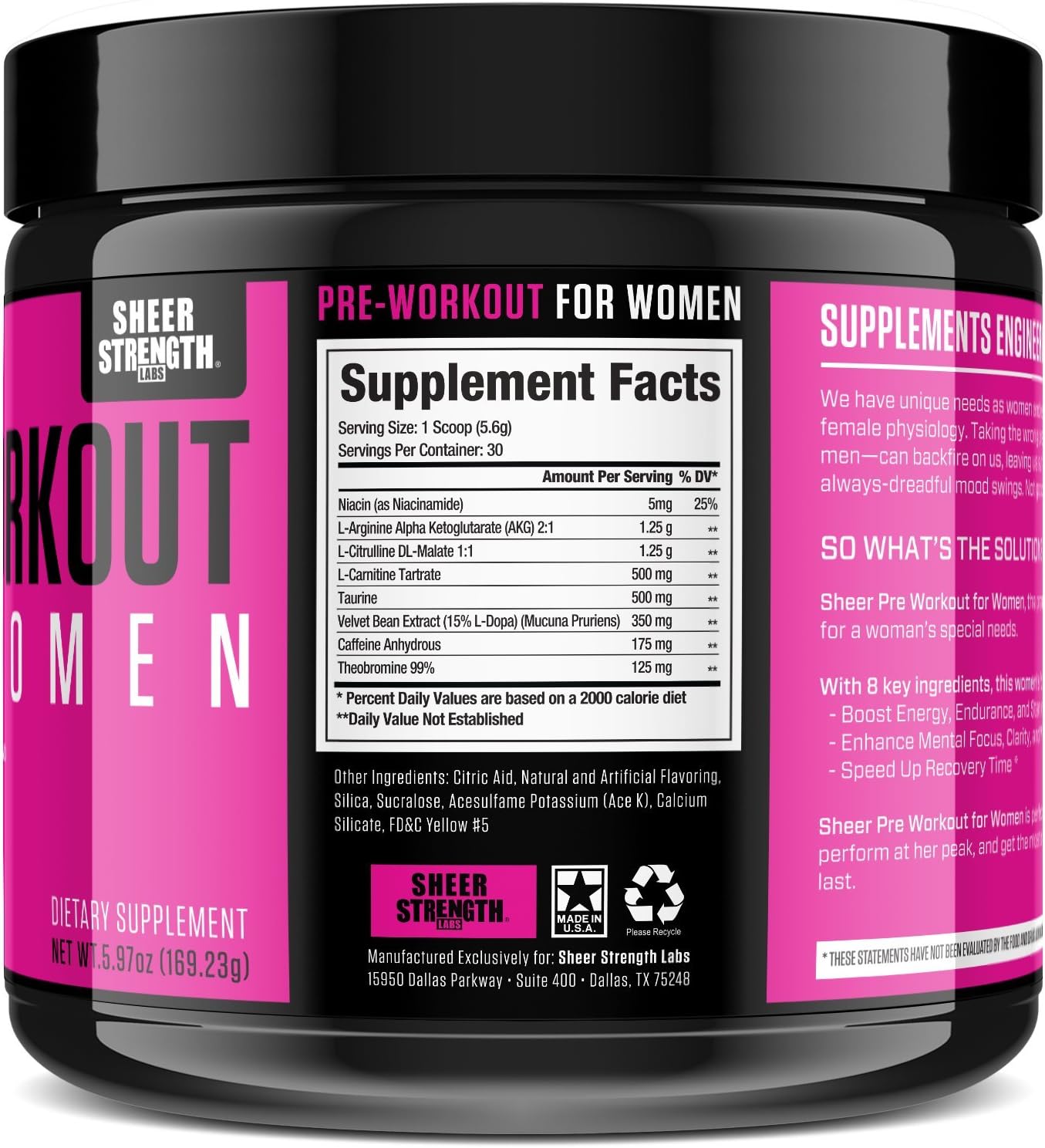 Pre Workout for Women with L Arginine (v2) - Energy, Stamina, Healthy Weight Loss | Non-GMO & Non-Habit-Forming | Nitric Oxide Booster Powder Supplement - Sheer Strength Labs, 30 Servings: Health & Personal Care