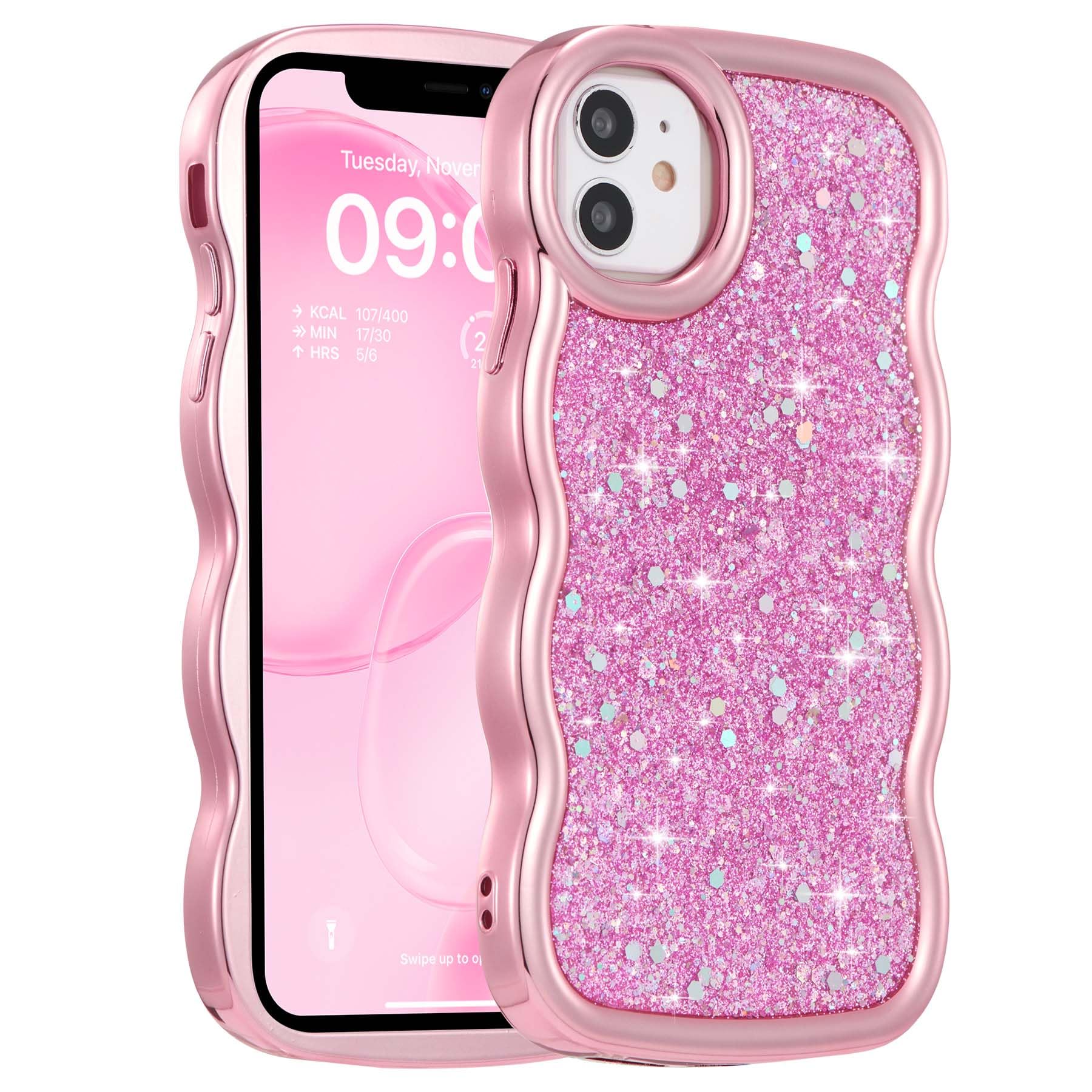 FABSPARK Case for iPhone 11,Crystal Diamond Rhinestone Shiny Bling Sparkly Glitter,Glossy Luxury Electroplated Curly Wavy Frame Wave Case,Aesthetic Cute for iPhone 11,Pink