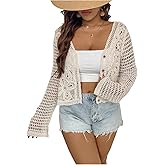 SHENHE Women's Plus Size Hollow Out Crochet Cardigan Button Down Sheer Crop Cover Up Cardigan