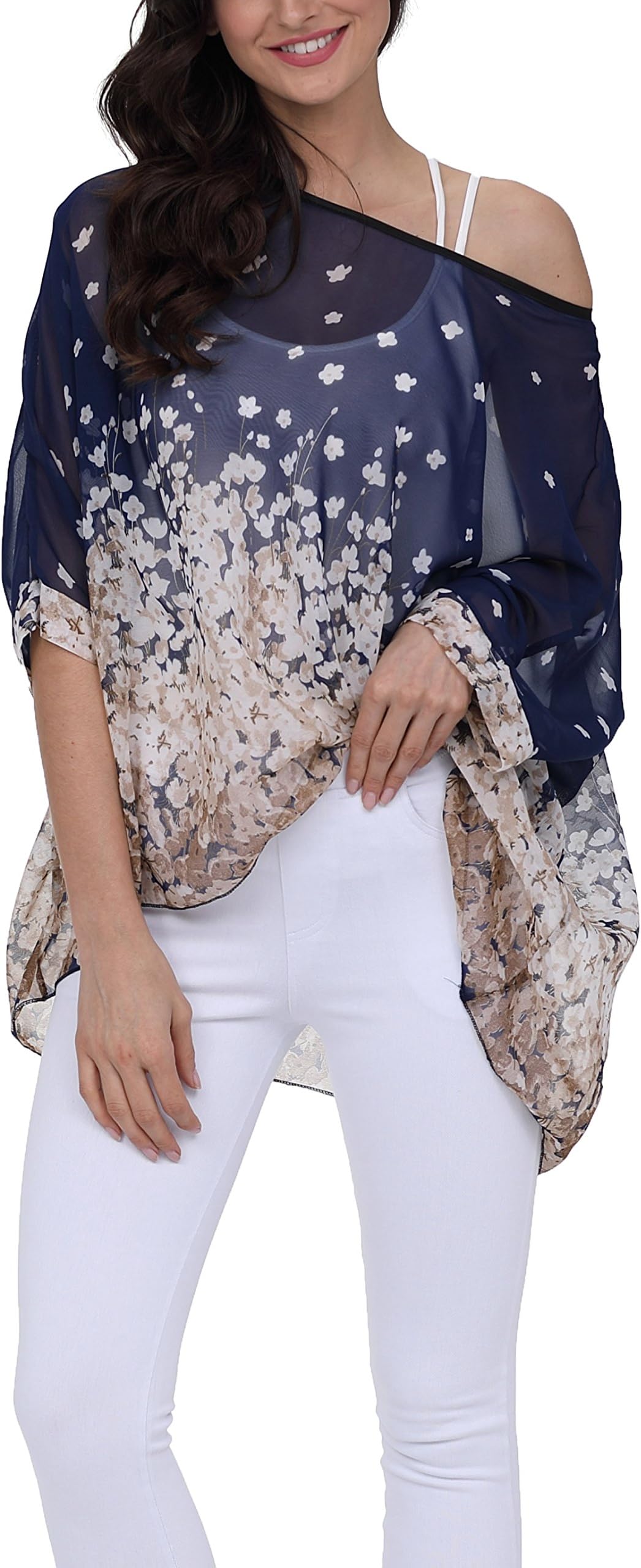 iNewbetter Womens Floral Print Batwing Sleeve Boho Blouse Chiffon Poncho Summer Tunic Tops