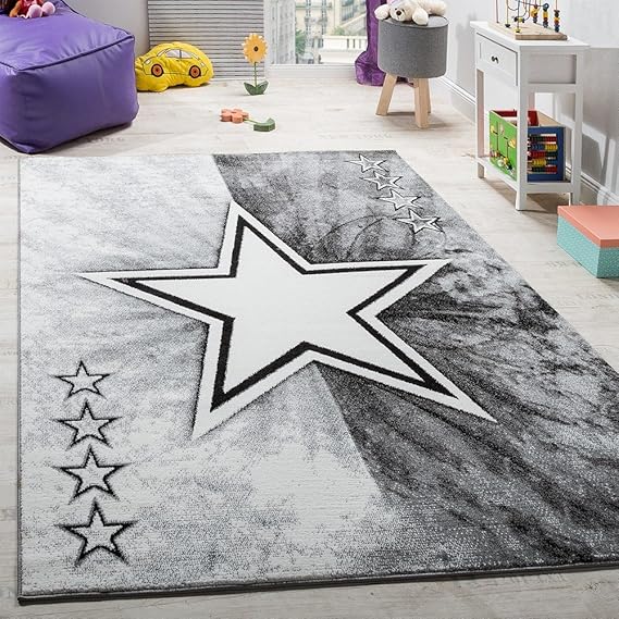 Paco Home Teppich Kinderzimmer Stern Design Spielteppich Kinderteppich Kurzflor in Grau, Grösse:80x150 cm