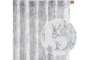Vangao Blue Nursery Curtains for Kids Room Linen Curtains 63 Inch Long Farmhouse Drapes with Bunny Woodland Wildlife Print Light Filtering French Country Forest Design 2 Panels