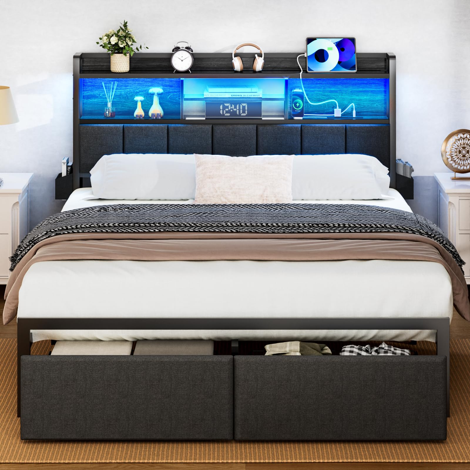 Photo 1 of ***the photo is a reference***Furnulem Queen Bed Frame with Storage Drawers, Upholstered Headboard with Storage Shelf, LED Lights and Charging Station, Metal Platform Bed Frame Queen Size, Noise Free, No Box Spring Needed, Black