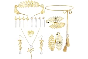 YUTUYOHA 15 Pieces Greek Goddess Costume Accessories Set Golden Laurel Leaves Crown Upper Arm Coil Bracelet Necklace Pearl Dr