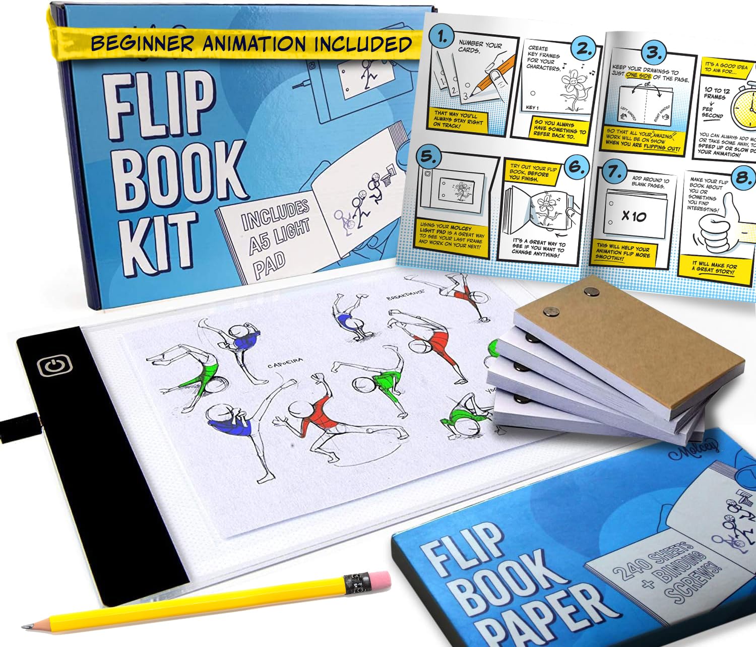 Molcey Flip Book Kit with LED Light Pad. Includes Flipbook Kit Starter Animation, 240 Sheets Blank Animation Paper and Instructions for Making Flip Books, LED Light Pad. for Kids 9-12 6-8