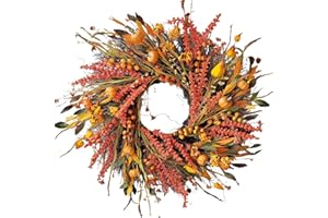 WANNA-CUL 24 inch Fall Wreath Decor for Front Door with Pumpkins, Hawthorn,Grain,Lantern Fruit,Berries,Eucalyptus Leaves, Large Harvest Door Wreath for Autumn or Thanksgiving Decoration