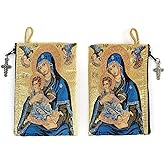 Catholic Rosary Pouch, Saint Joseph and Baby Jesus & Madonna and Child, 4" x 6" Jewelry & Coin Purse with Cross, Small Woven Tapestry Icon Bag, Bolsa de Rosario Católico para Joyería