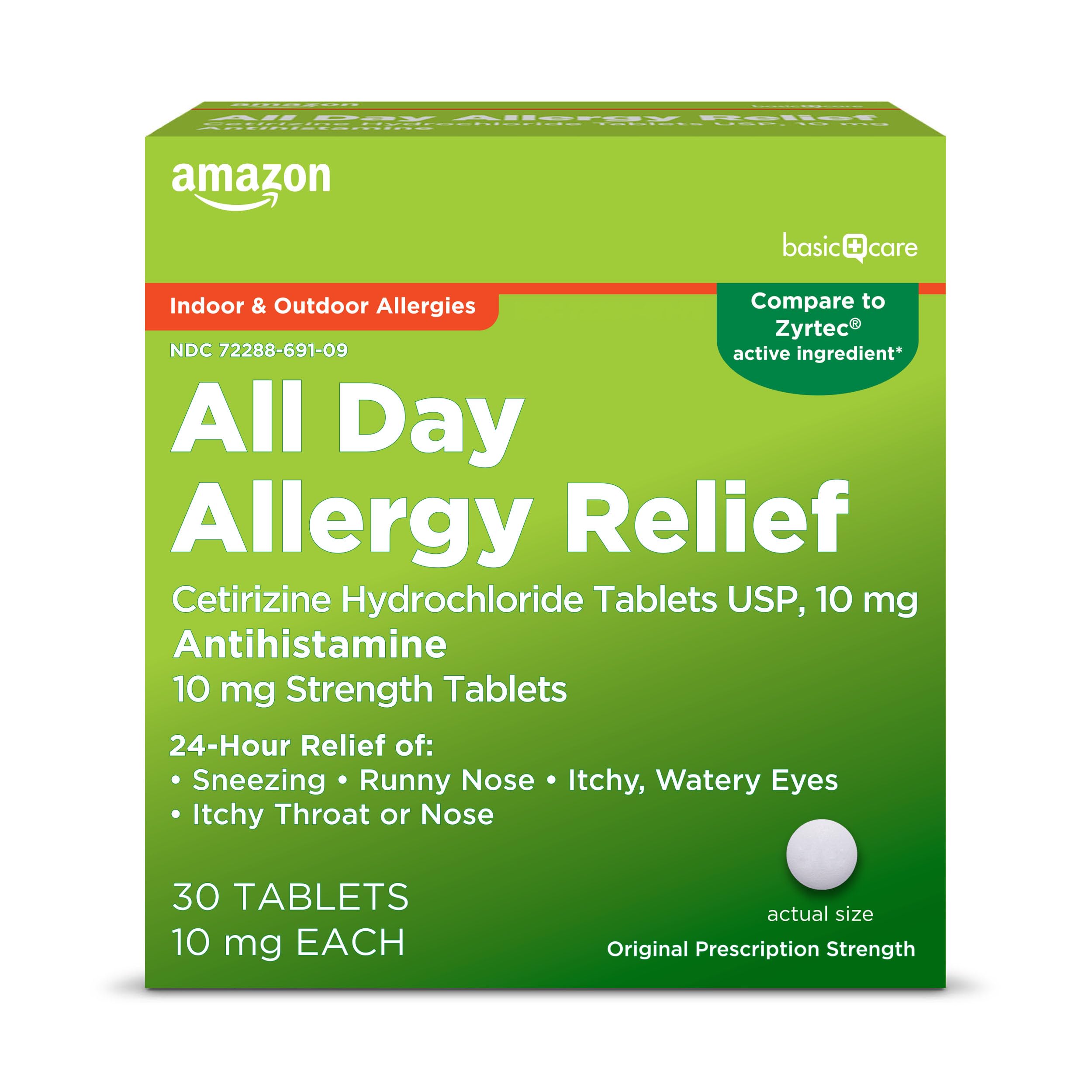 Amazon Basic Care All Day Allergy, Cetirizine Hydrochloride Tablets, 10 mg, 24-Hour Relief for Sneezing, Runny Nose, Itchy Eyes & Throat, Indoor & Outdoor Allergy Relief, 30 Count (Packaging may vary)