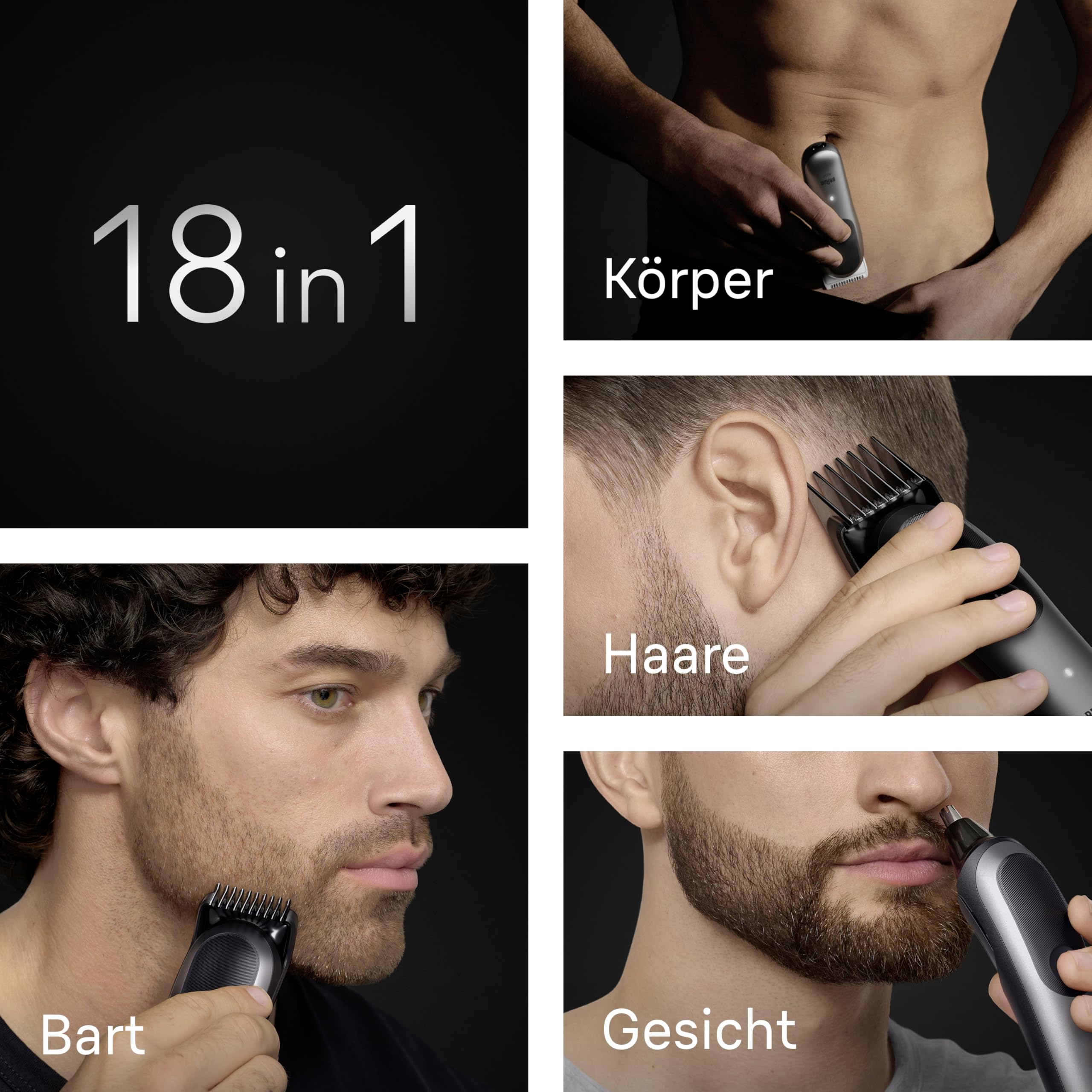 Braun All-in-One Series 7, 18-in-1 Multigroom, Barttrimmer, Nasenhaartrimmer, Haarschneidemaschine für Gesicht, Kopf und Körper, 120 Min Akku, 14 Längen (0.1–21 mm), Wasserdicht, AIO7585, Grau 3